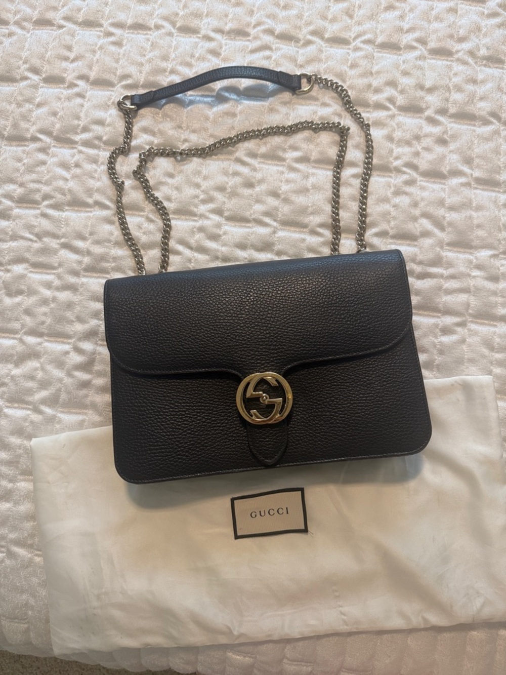 Gucci Black Pebbled Leather Shoulder Bag with Gold Double G